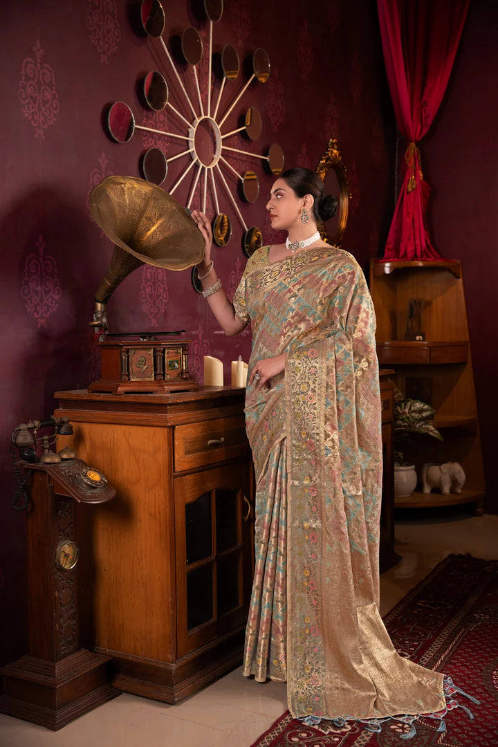 Grey Organza Silk Saree with Zari Work and Art Silk Blouse