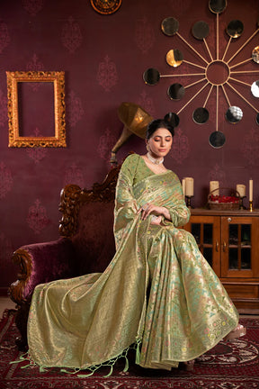 Classic Pista Organza Silk Saree with Woven Work