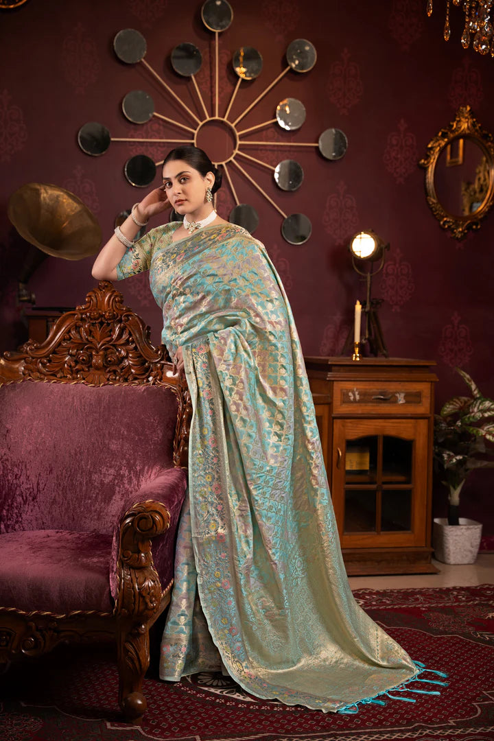 Sky Blue Organza Silk Woven Saree