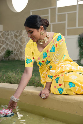 Vibrant Yellow Cotton Kolkata Jamdani Saree