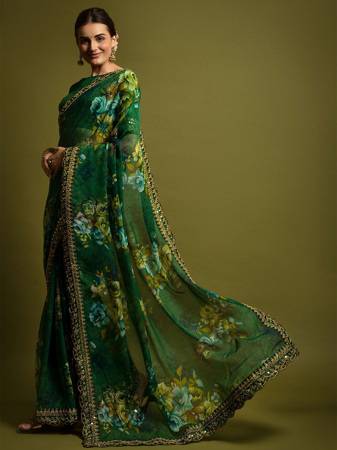 Green Georgette Chiffon Saree with Floral & Foil Design