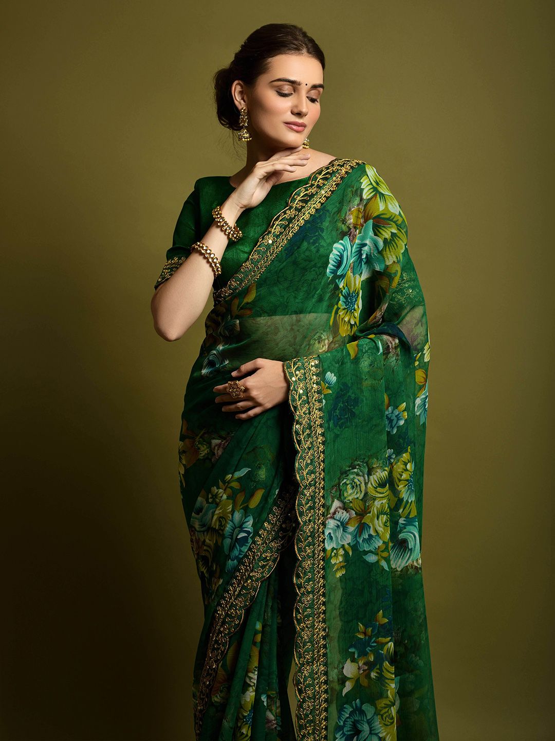 Green Georgette Chiffon Saree with Floral & Foil Design