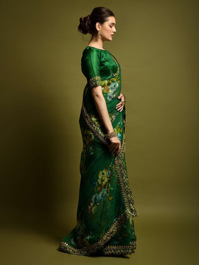 Green Georgette Chiffon Saree with Floral & Foil Design