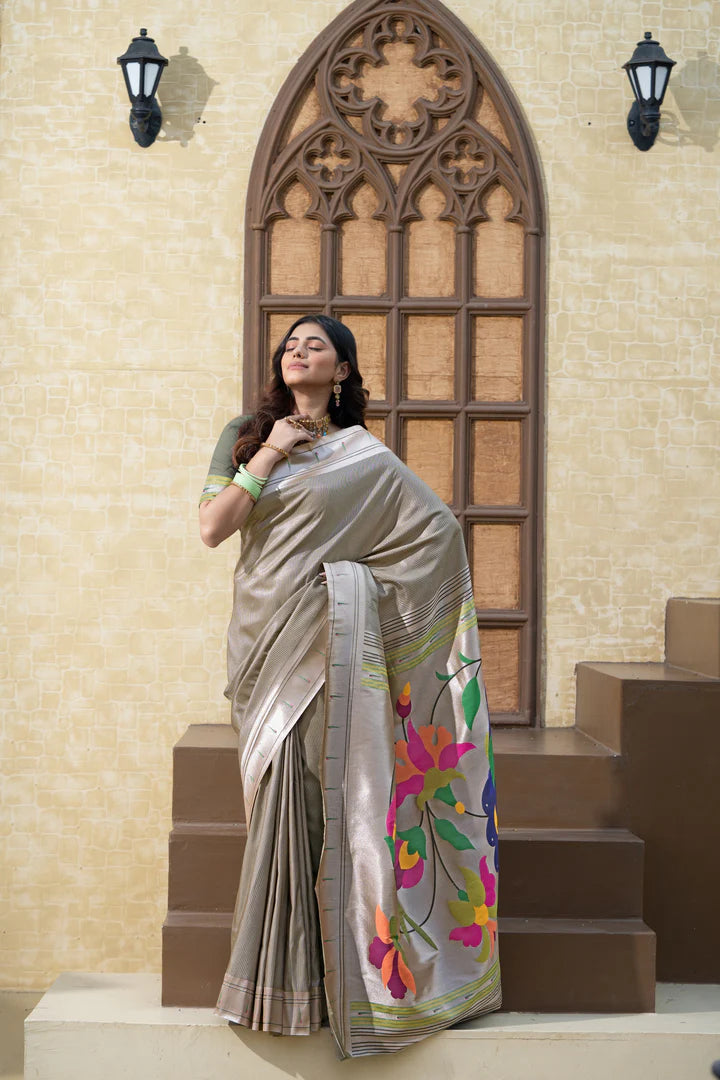 Grey Paithani Silk Saree with Soft Blended Fabric