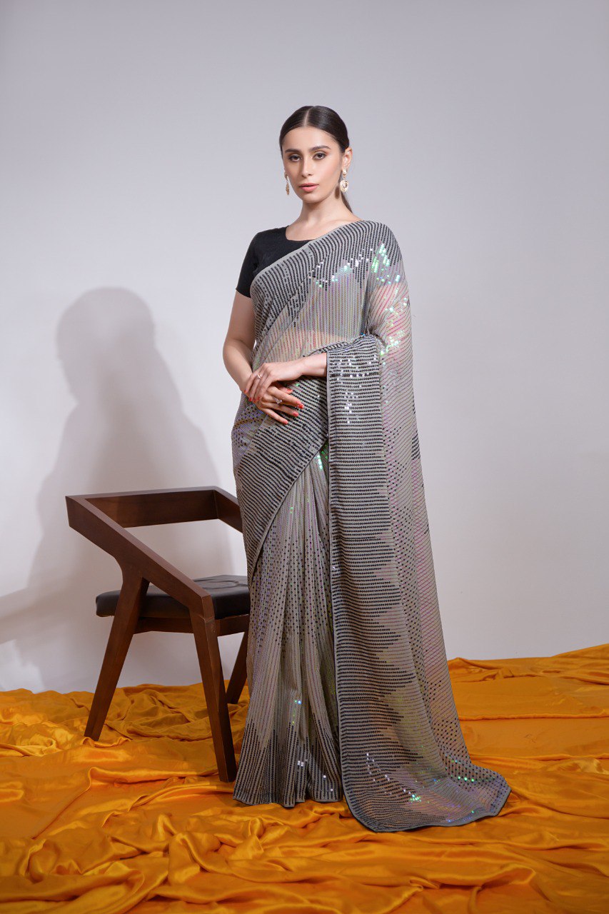 Grey Blush Sequin & Silk Elegance Saree