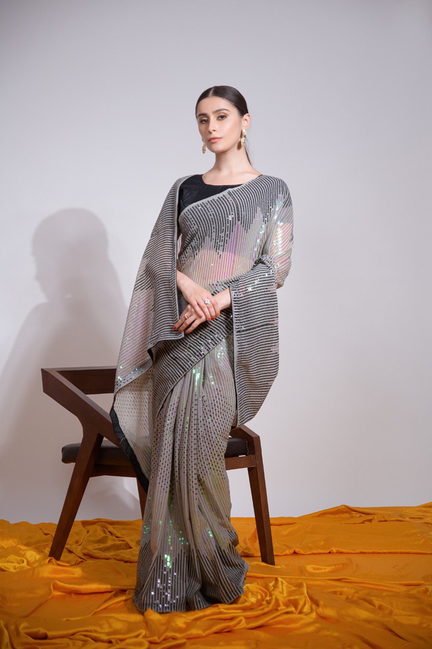 Grey Blush Sequin & Silk Elegance Saree