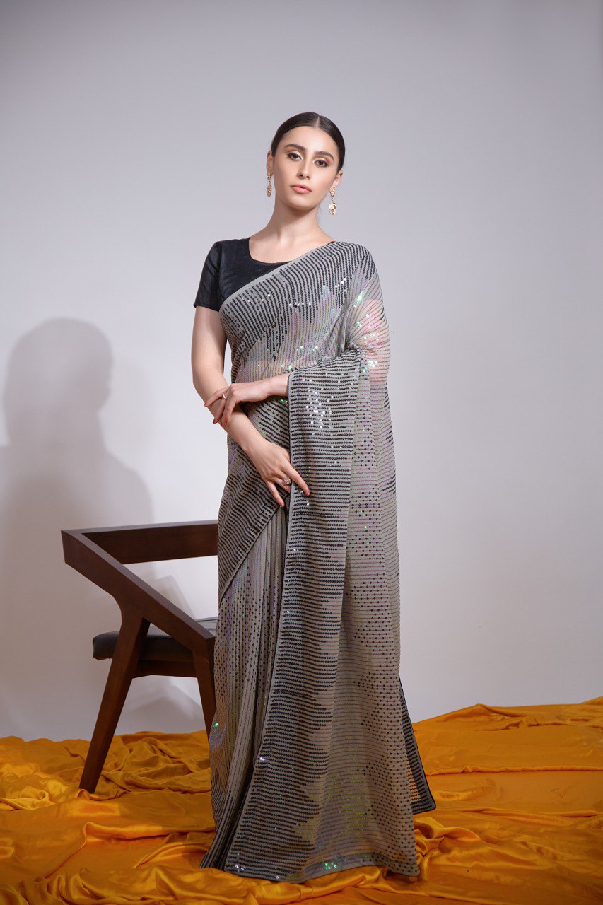 Grey Blush Sequin & Silk Elegance Saree