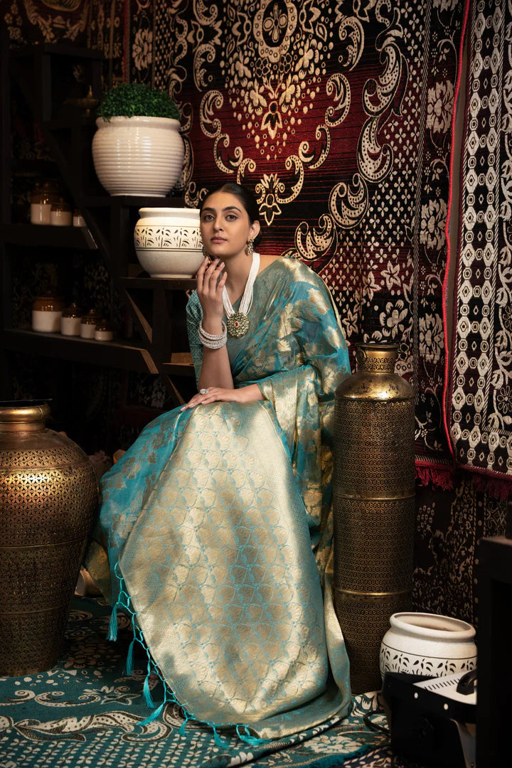 Sky Blue Silk Saree with Intricate Zari Weaving