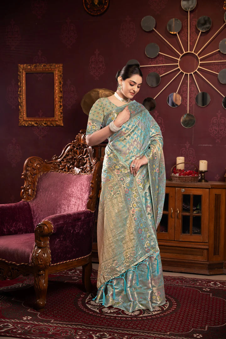 Sky Blue Organza Silk Woven Saree