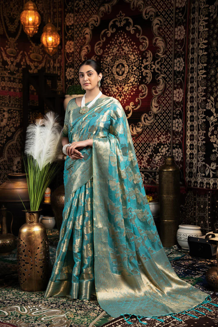 Sky Blue Silk Saree with Intricate Zari Weaving