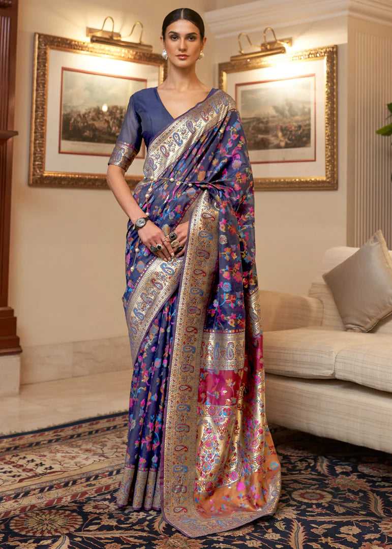 Royal Navy Woven Jamewar Kashmiri Banarasi Saree