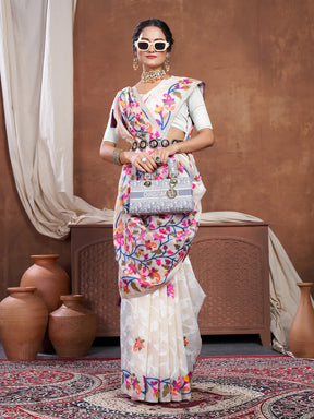 Festive & Elegant Off-White Grey Cotton Jamdani Saree