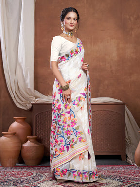 Festive & Elegant Off-White Grey Cotton Jamdani Saree