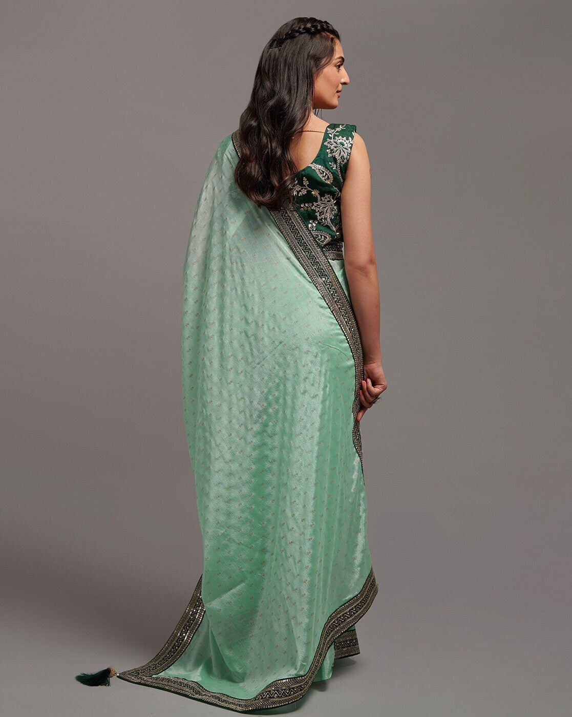 Olive Sequins Saree with Heavy Dhupiyan Blouse