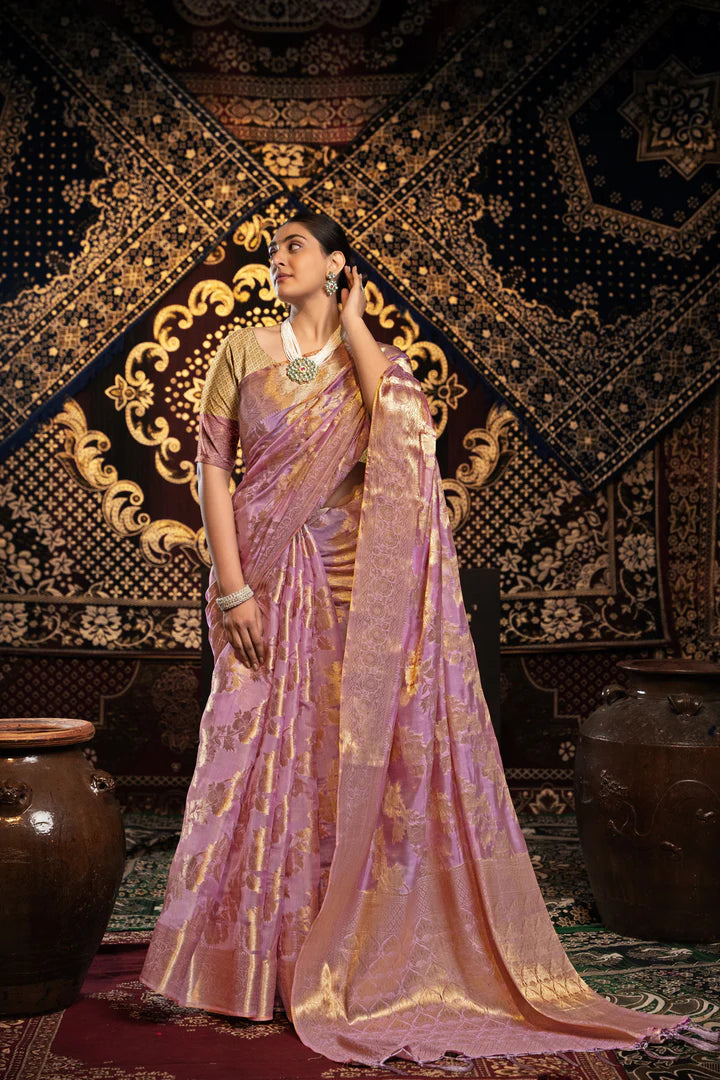 Timeless Pink Banarasi Saree with Zari Jimmy Choo Work