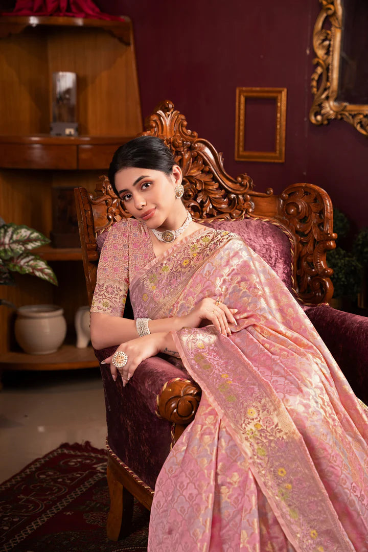 Pink Organza Silk Woven Saree – Elegant Bridal Wear