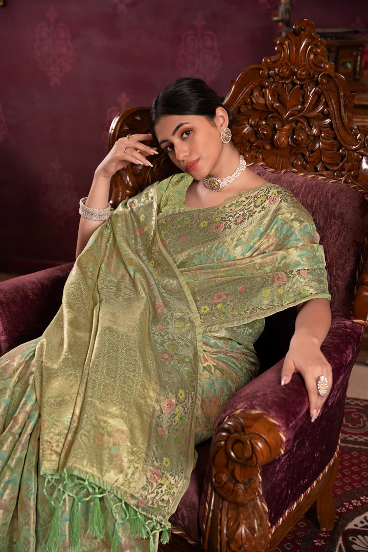 Classic Pista Organza Silk Saree with Woven Work