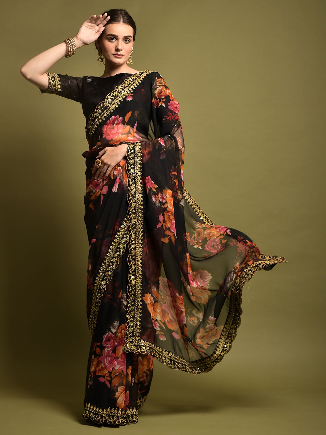 Black Georgette Chiffon Saree with Floral Print