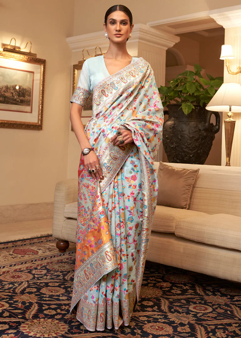 Arctic Charm Ice Sky Woven Kashmiri Banarasi Saree