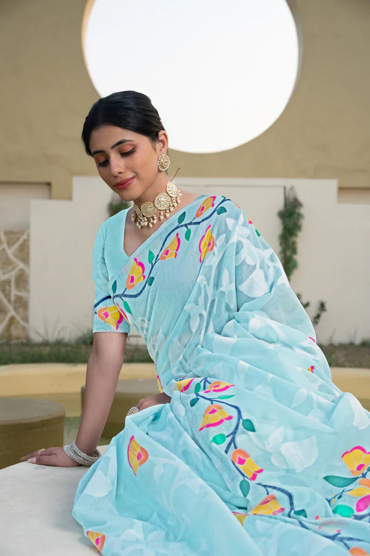 Sky Blue Cotton Saree with Ethnic Motifs and Woven Design