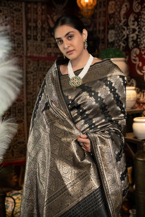 Exquisite Black Banarasi Silk Saree with Zari Woven Motifs