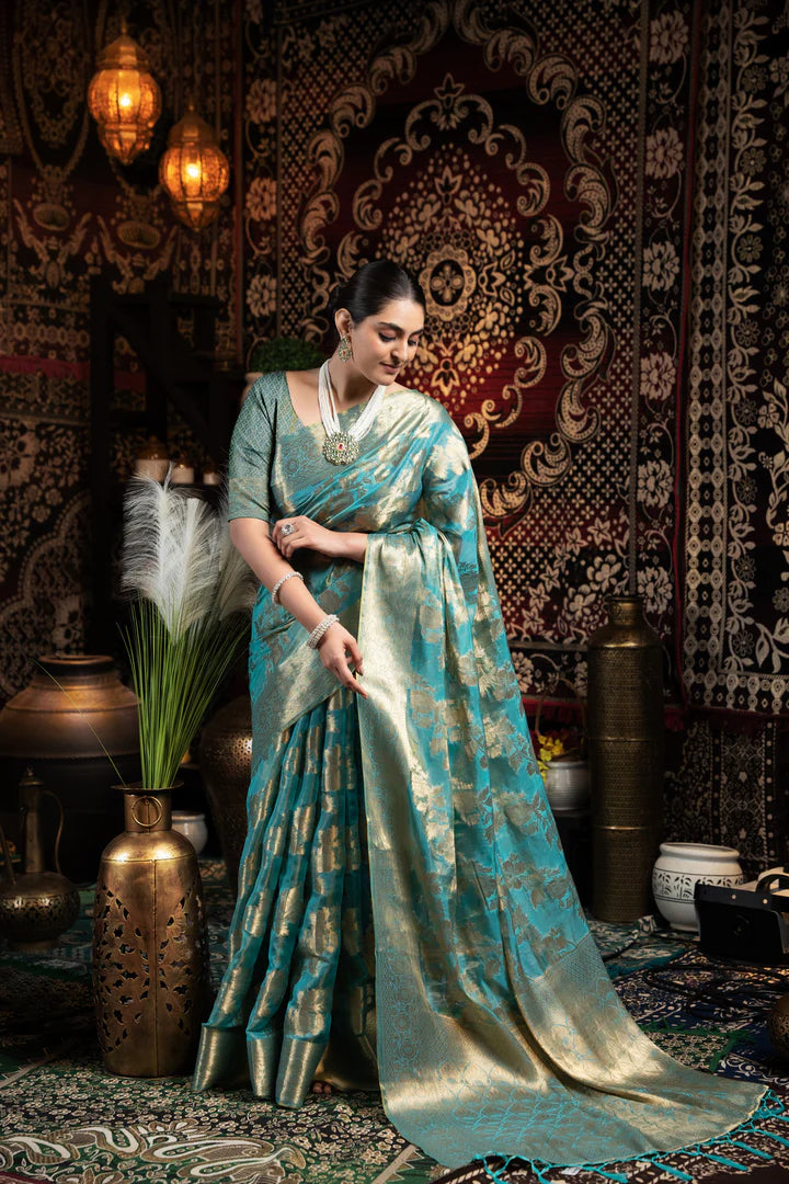 Sky Blue Silk Saree with Intricate Zari Weaving