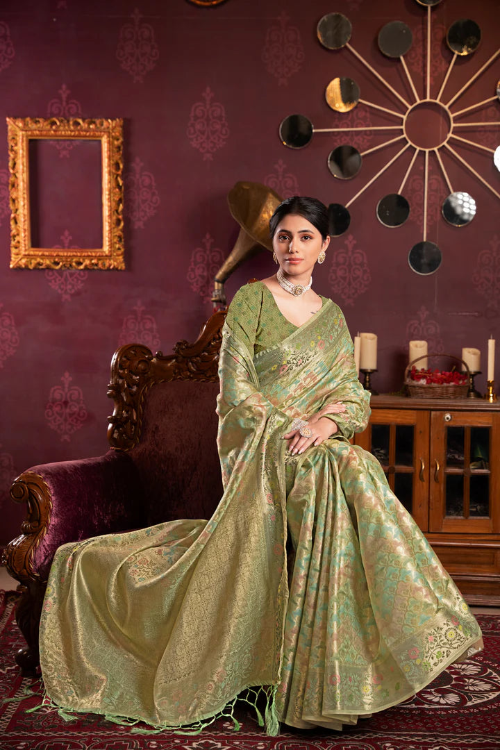 Classic Pista Organza Silk Saree with Woven Work