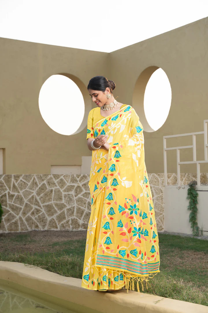 Vibrant Yellow Cotton Kolkata Jamdani Saree