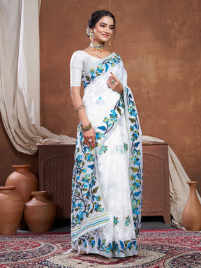 Soft Cotton White Jamdani Saree with Artistic Ethnic Motifs