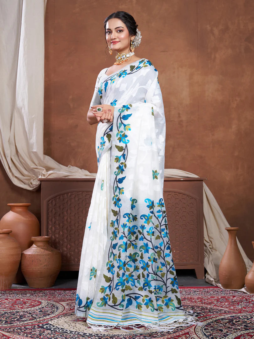 Soft Cotton White Jamdani Saree with Artistic Ethnic Motifs