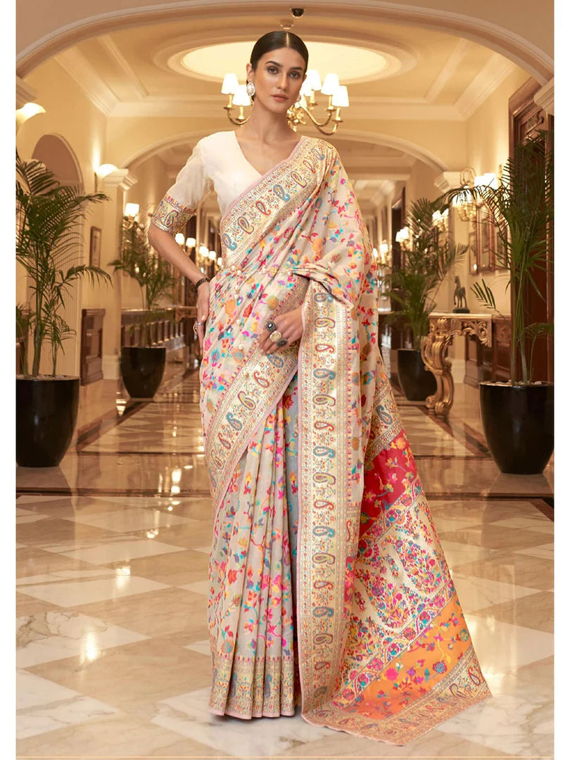 Elegance White Woven Jamewar Kashmiri Banarasi Saree