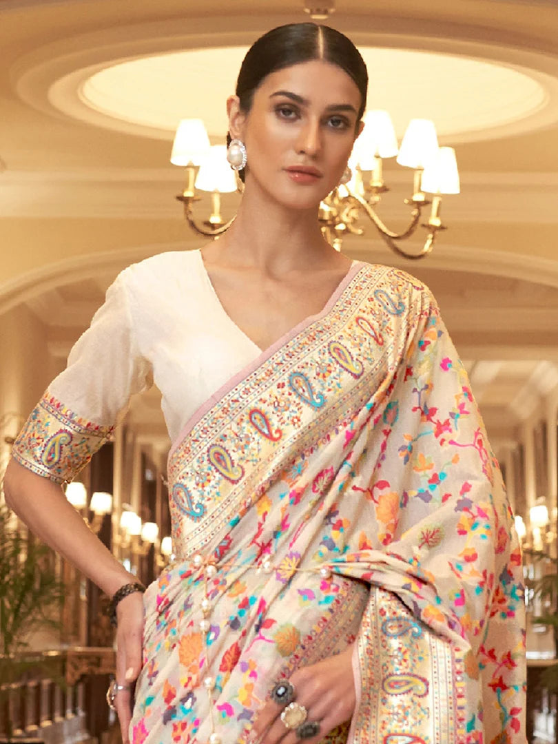 Elegance White Woven Jamewar Kashmiri Banarasi Saree