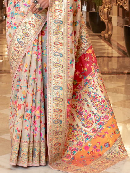 Elegance White Woven Jamewar Kashmiri Banarasi Saree