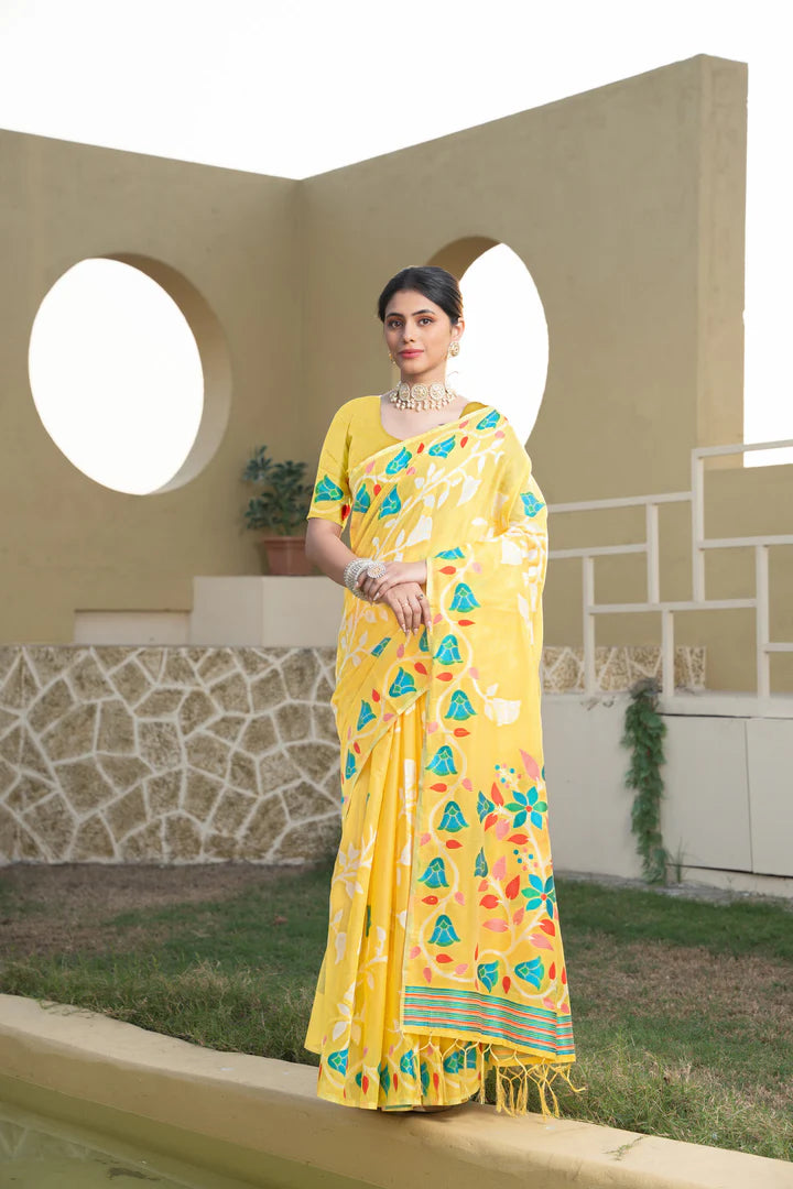 Vibrant Yellow Cotton Kolkata Jamdani Saree