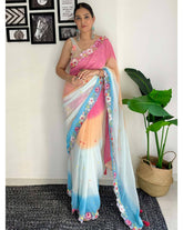 Pink & Blue Soft Georgette Embroidery Work Saree