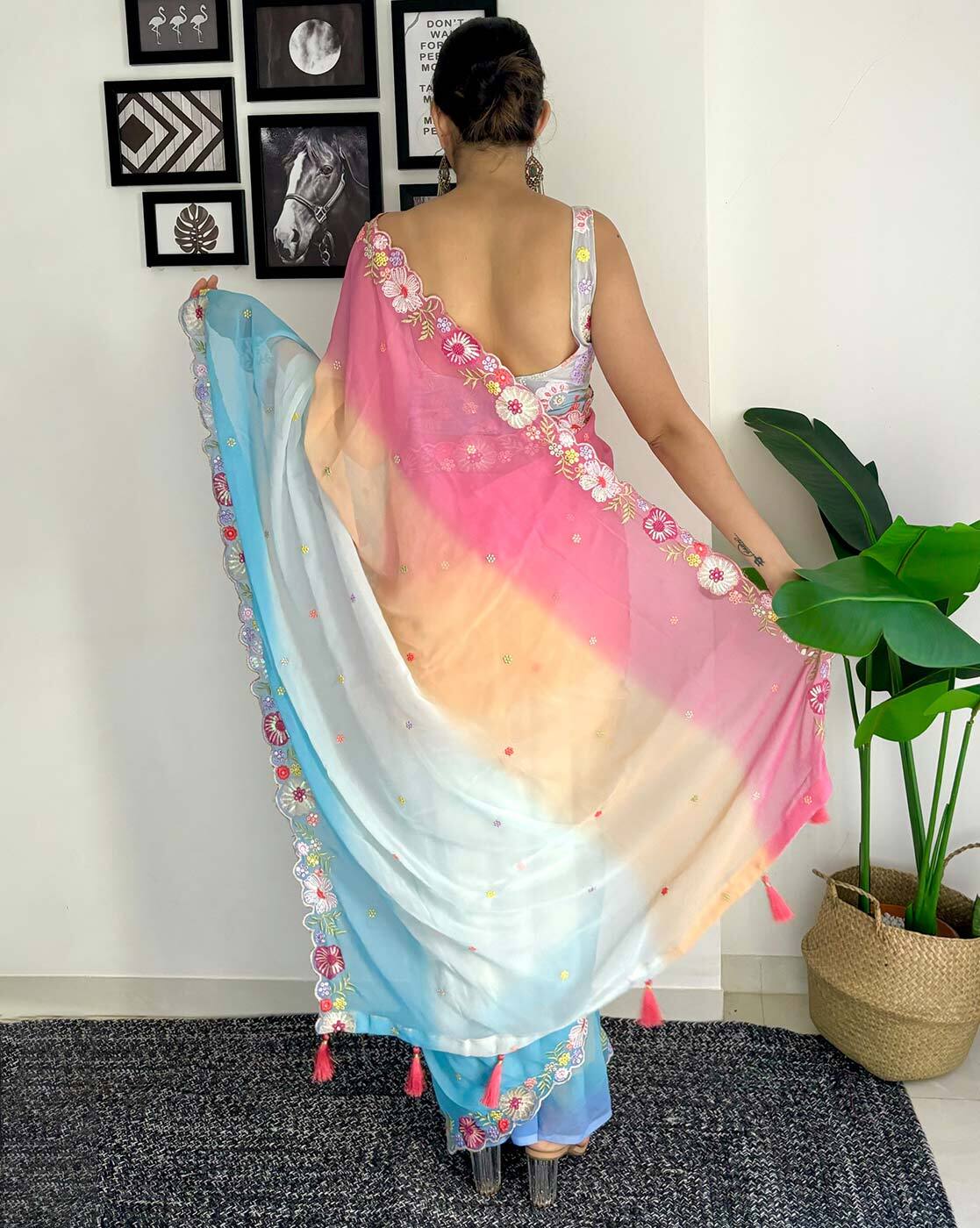 Pink & Blue Soft Georgette Embroidery Work Saree