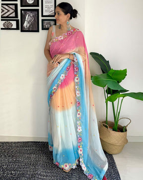 Pink & Blue Soft Georgette Embroidery Work Saree