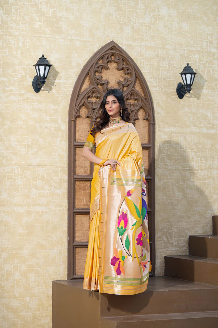 Vibrant Yellow Paithani Silk Saree with Intricate Zari Work