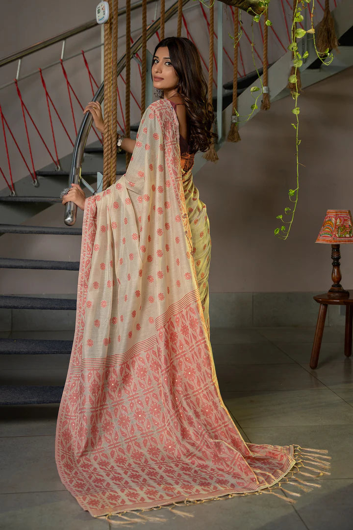 Timeless Coral Pink Soft Cotton Saree