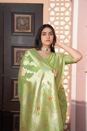 Vastraan Green Cotton Silk Banarasi Saree