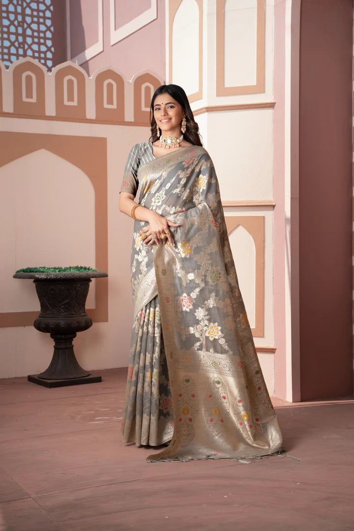 Grey Cotton Silk Saree – Banarasi Grandeur