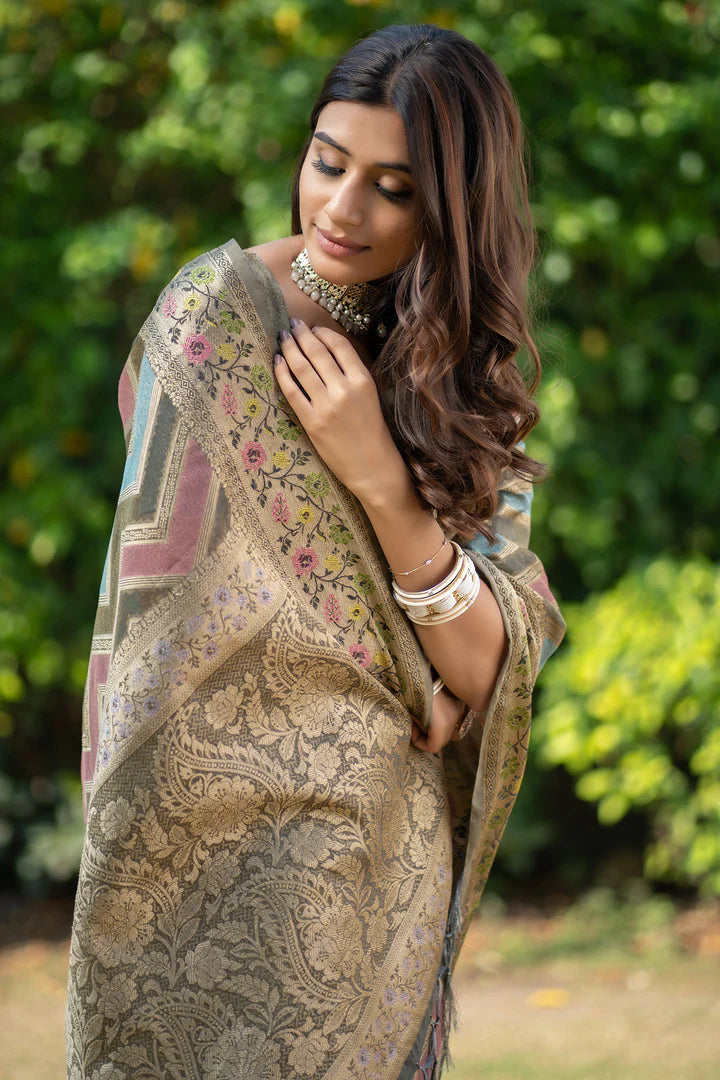 Elegant Grey Leheriya Banarasi Organza Saree