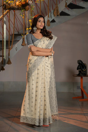 Grey Soft Cotton Jamdani Saree for Everyday Wear