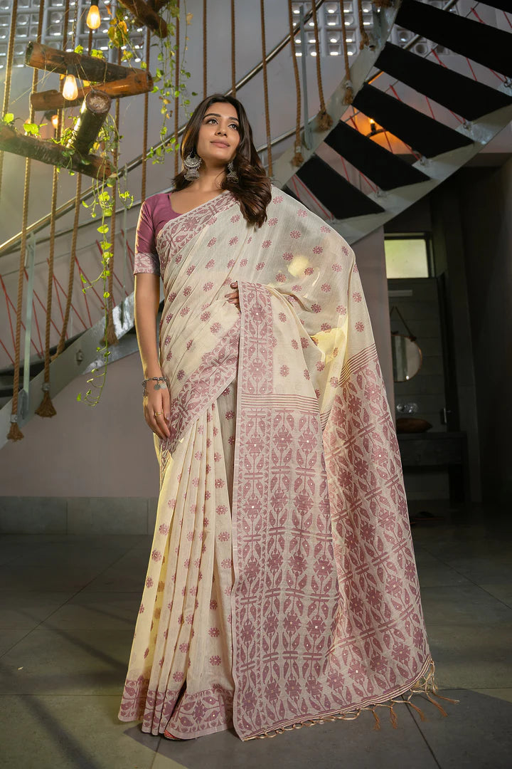 Elegant Mauve Soft Cotton Jamdani Saree with Ethnic Motifs