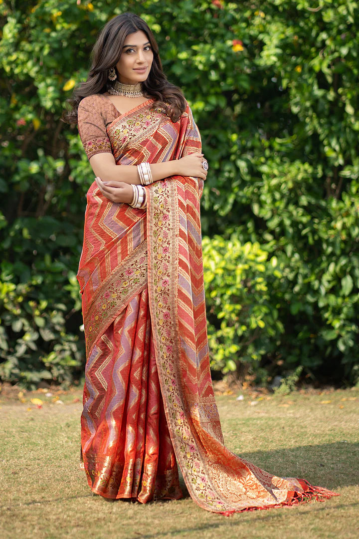 Orange Banarasi Organza Saree with Leheriya Design