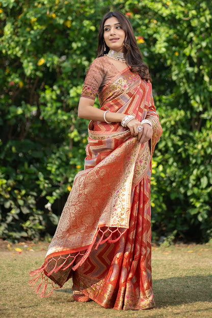 Orange Banarasi Organza Saree with Leheriya Design
