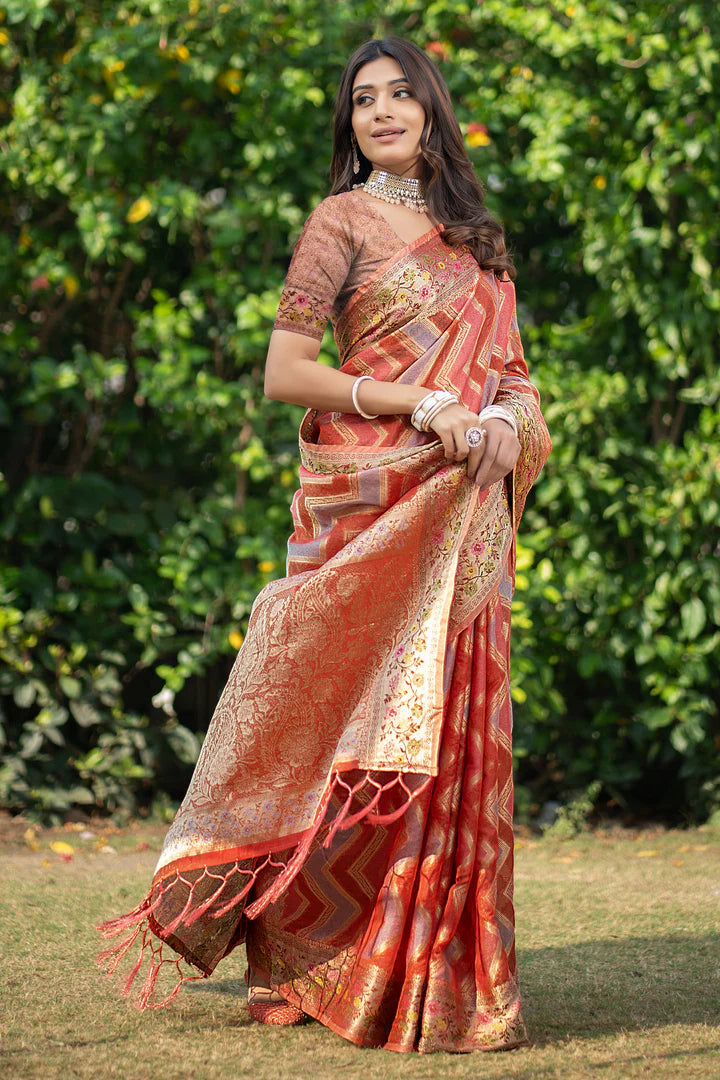 Orange Banarasi Organza Saree with Leheriya Design