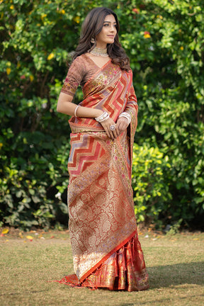 Orange Banarasi Organza Saree with Leheriya Design