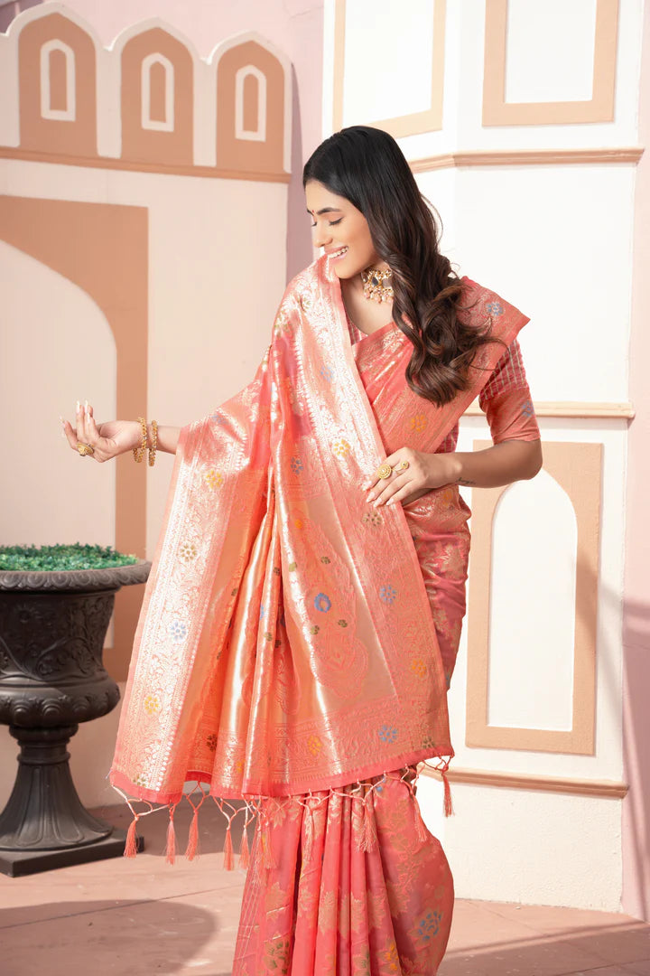 Peach Cotton Silk Saree – Banarasi Heritage