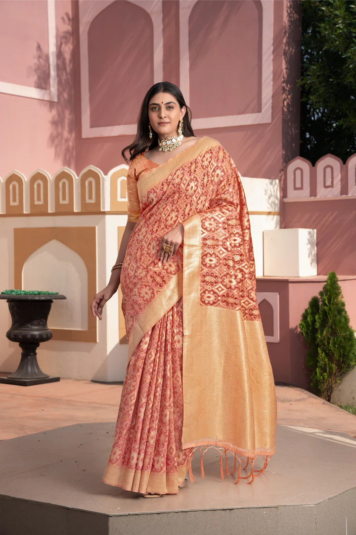 Vastraan Peach Ikat Silk Saree – Zari Woven Grace